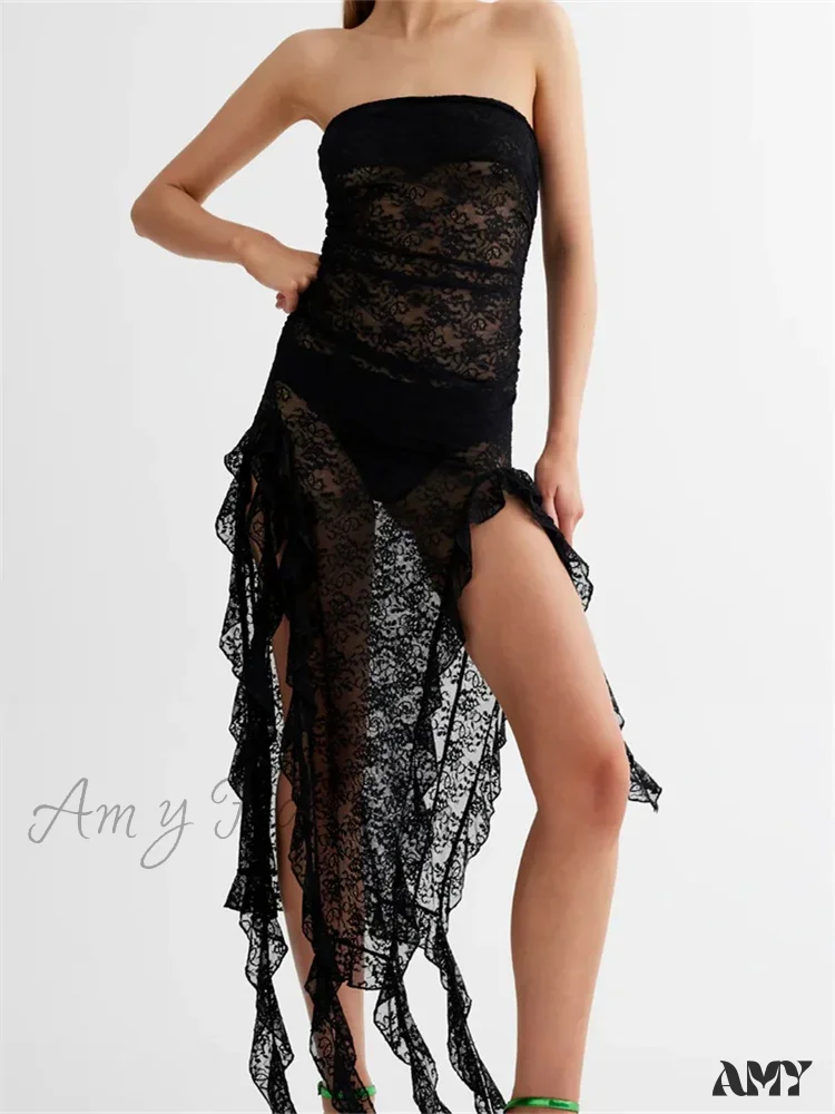 Amy Fashion - Sexy Women Lace Tube Strapless Off Shoulder Backless See Through Irregular Hem Split Tassels Clubwear New - Image 6