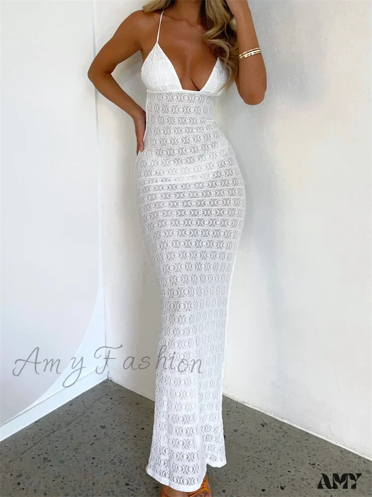 Amy Fashion - Sexy Women Mesh Sheer See Through Lace Patchwork Backless Deep V-neck Slim Fit Party Beachwear