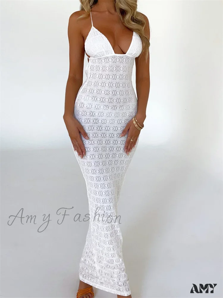 Amy Fashion - Sexy Women Mesh Sheer See Through Lace Patchwork Backless Deep V-neck Slim Fit Party Beachwear - Image 2