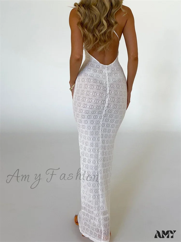 Amy Fashion - Sexy Women Mesh Sheer See Through Lace Patchwork Backless Deep V-neck Slim Fit Party Beachwear - Image 3