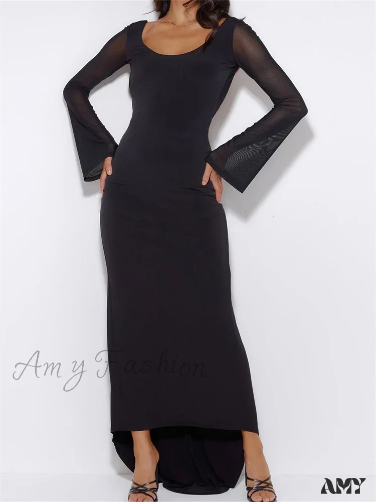 Amy Fashion - Sexy Women Mesh Sleeve Backless Ruched Lace-up Solid Color Party Female Irregular Hem Vestidos