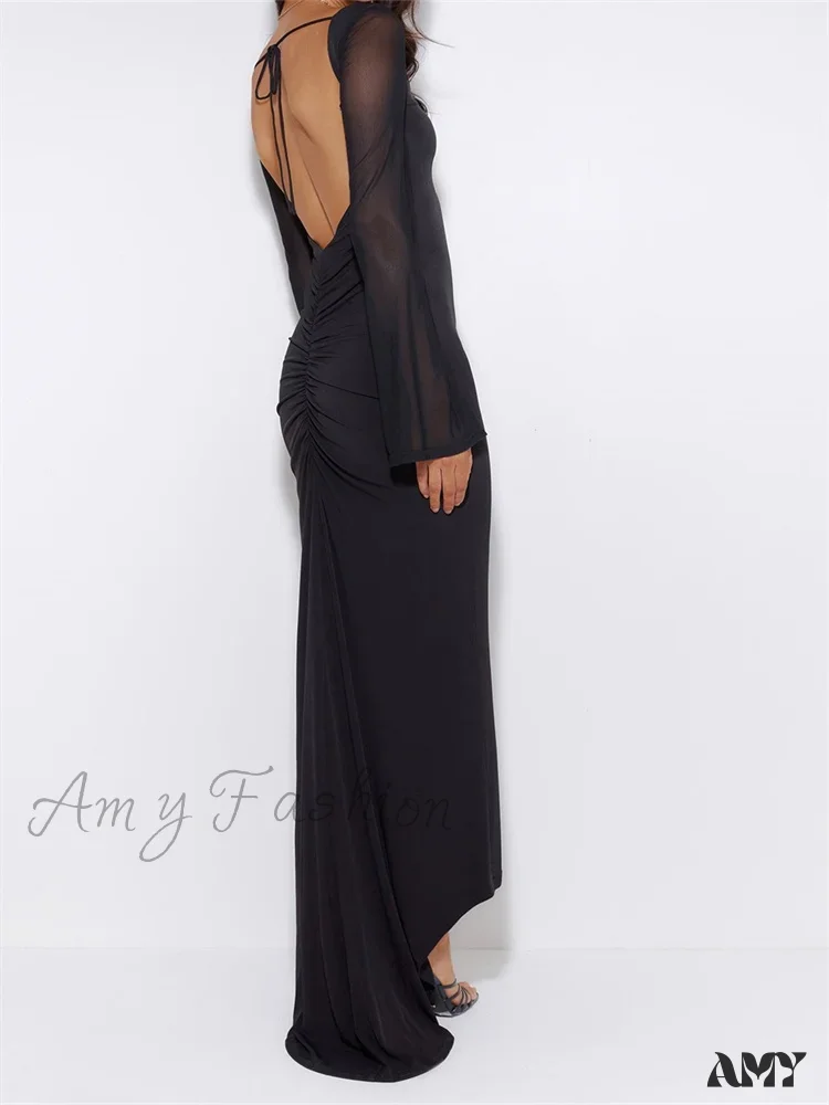 Amy Fashion - Sexy Women Mesh Sleeve Backless Ruched Lace-up Solid Color Party Female Irregular Hem Vestidos - Image 2