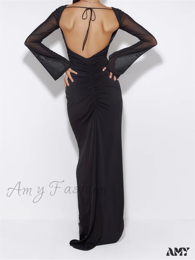 Amy Fashion - Sexy Women Mesh Sleeve Backless Ruched Lace-up Solid Color Party Female Irregular Hem Vestidos - Image 3