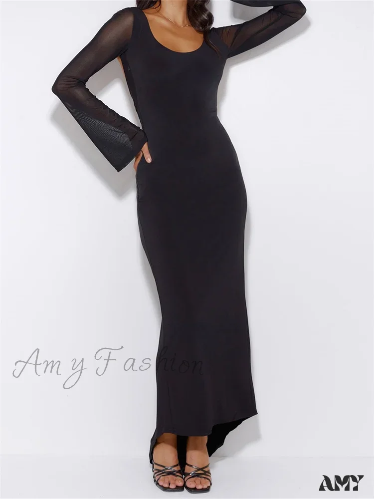 Amy Fashion - Sexy Women Mesh Sleeve Backless Ruched Lace-up Solid Color Party Female Irregular Hem Vestidos - Image 4
