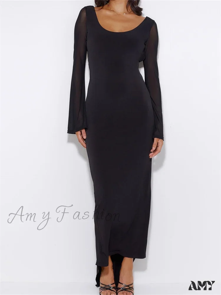 Amy Fashion - Sexy Women Mesh Sleeve Backless Ruched Lace-up Solid Color Party Female Irregular Hem Vestidos - Image 5