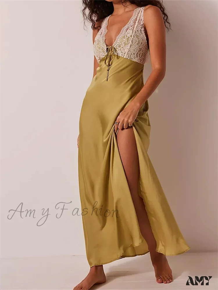 Amy Fashion - Sexy Women Side High Split Sleeveless Deep V-neck Backless Summer Lace Trim Cocktail Party Vestidos