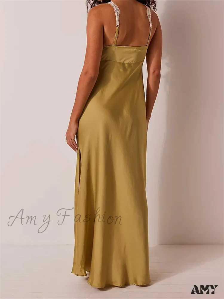 Amy Fashion - Sexy Women Side High Split Sleeveless Deep V-neck Backless Summer Lace Trim Cocktail Party Vestidos - Image 2