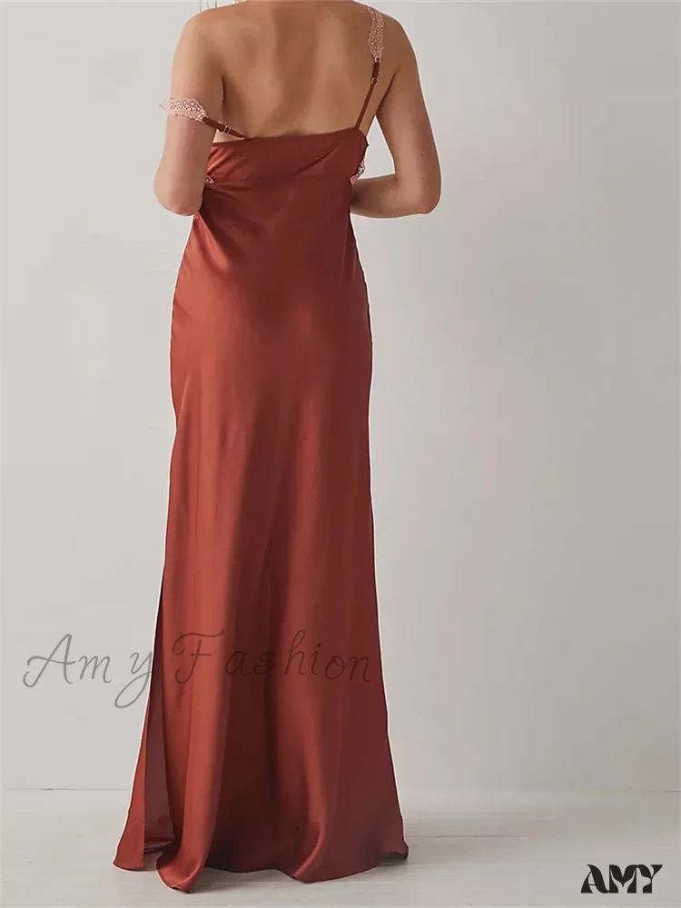 Amy Fashion - Sexy Women Side High Split Sleeveless Deep V-neck Backless Summer Lace Trim Cocktail Party Vestidos - Image 3