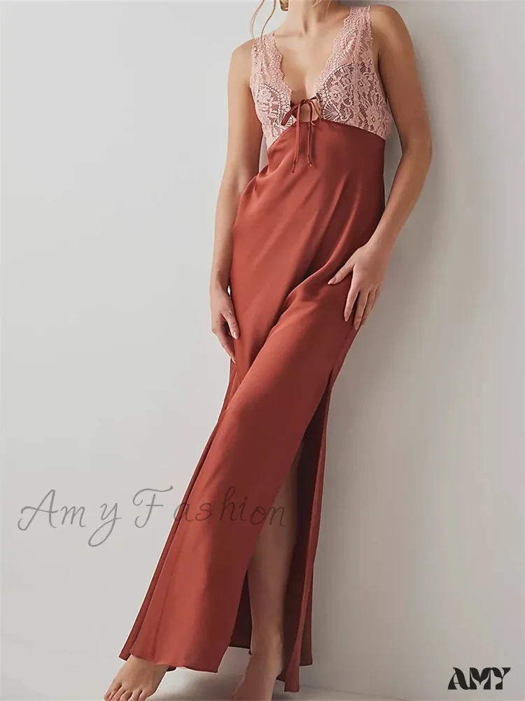 Amy Fashion - Sexy Women Side High Split Sleeveless Deep V-neck Backless Summer Lace Trim Cocktail Party Vestidos - Image 4