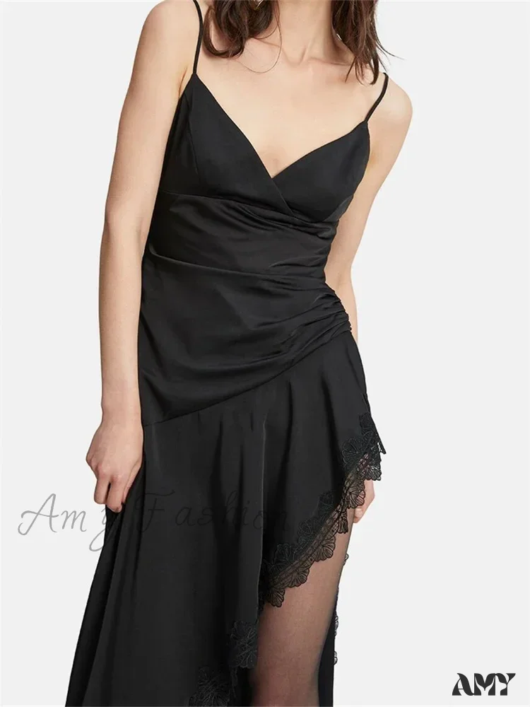 Amy Fashion - Sexy Women Side High Split Sleeveless Strap V-neck Lace Patchwork Summer Cocktail Party Vestido - Image 3