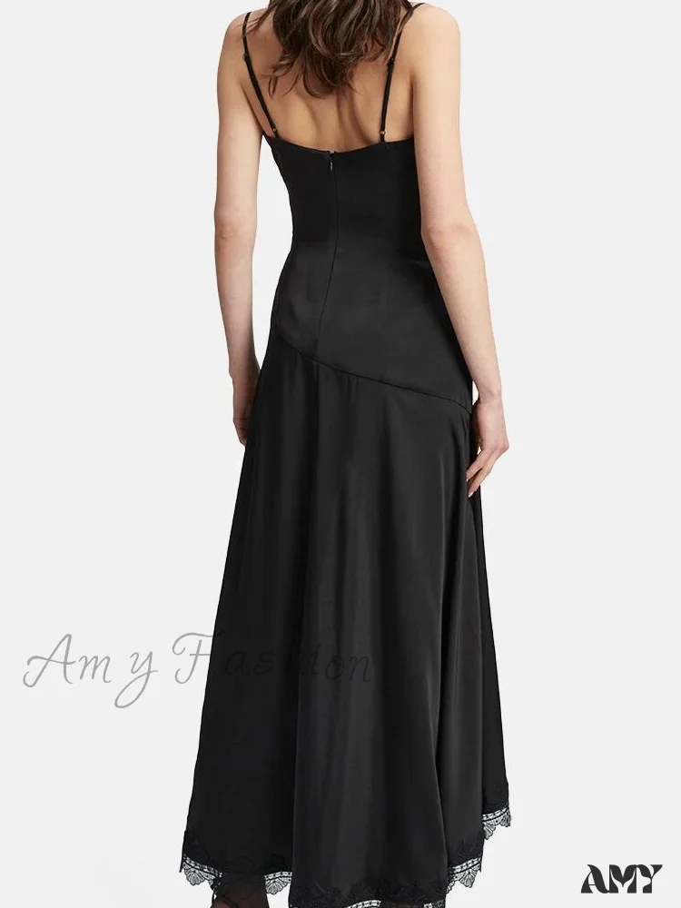 Amy Fashion - Sexy Women Side High Split Sleeveless Strap V-neck Lace Patchwork Summer Cocktail Party Vestido - Image 4