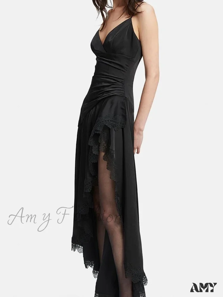 Amy Fashion - Sexy Women Side High Split Sleeveless Strap V-neck Lace Patchwork Summer Cocktail Party Vestido - Image 5