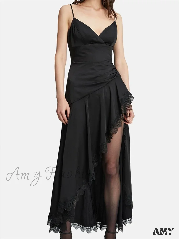 Amy Fashion - Sexy Women Side High Split Sleeveless Strap V-neck Lace Patchwork Summer Cocktail Party Vestido - Image 6