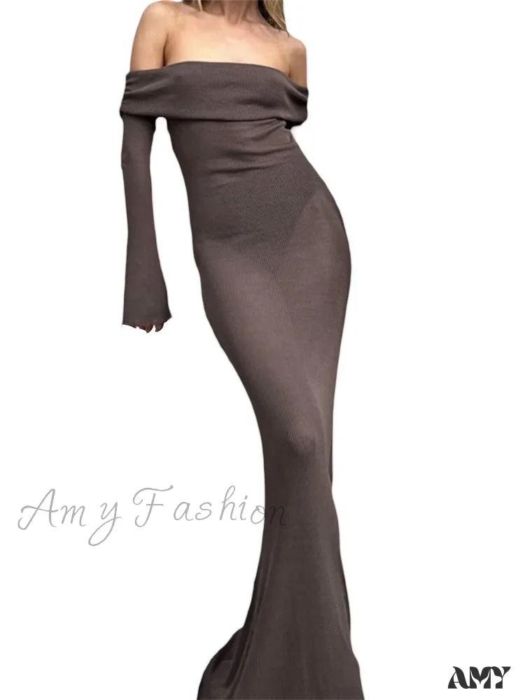 Amy Fashion - Sexy Women Slash Neck Off Shoulder Party Formal  Spring Autumn  Sleeve Slim Solid Female Vestidos - Image 6