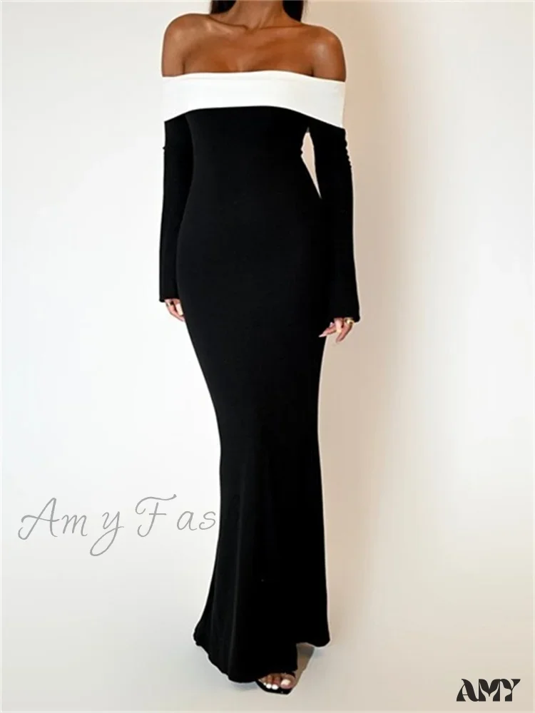 Amy Fashion - Sexy Women Slash Neck Off Shoulder   Sleeve Contrast Color Slim Fit Party Formal Female Vestidos - Image 2