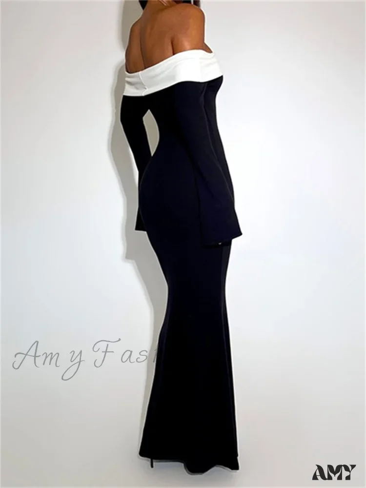 Amy Fashion - Sexy Women Slash Neck Off Shoulder   Sleeve Contrast Color Slim Fit Party Formal Female Vestidos - Image 3