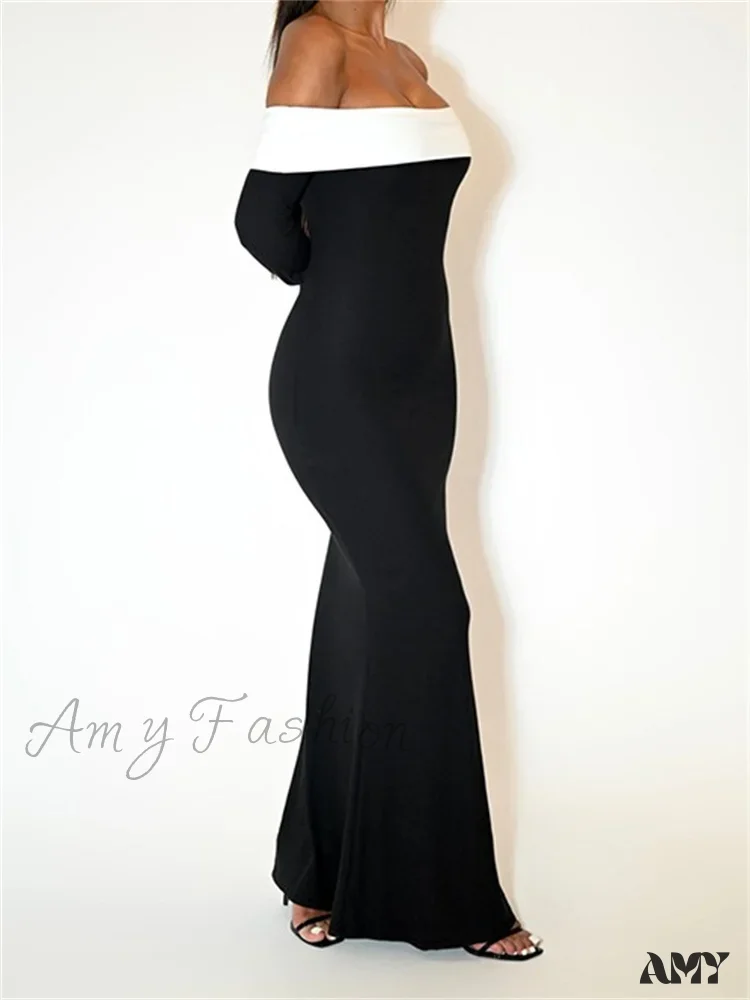 Amy Fashion - Sexy Women Slash Neck Off Shoulder   Sleeve Contrast Color Slim Fit Party Formal Female Vestidos - Image 4