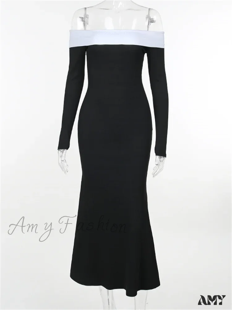 Amy Fashion - Sexy Women Slash Neck Off Shoulder   Sleeve Contrast Color Slim Fit Party Formal Female Vestidos - Image 5