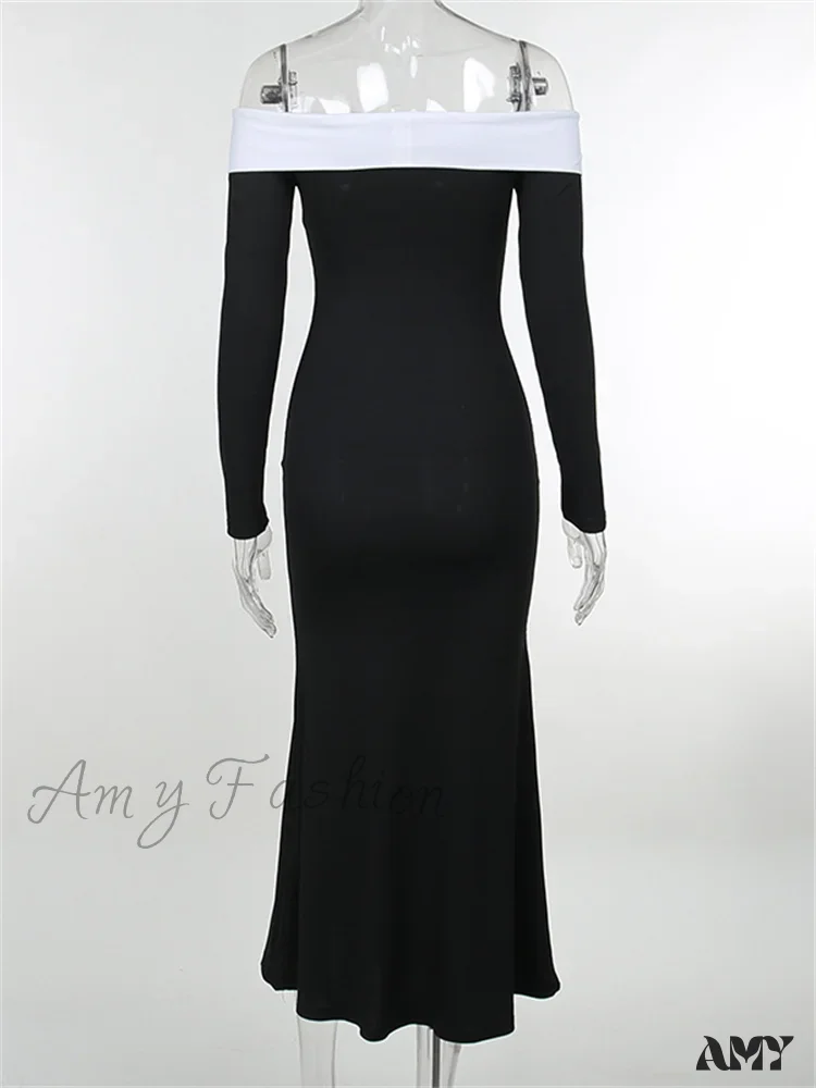 Amy Fashion - Sexy Women Slash Neck Off Shoulder   Sleeve Contrast Color Slim Fit Party Formal Female Vestidos - Image 6