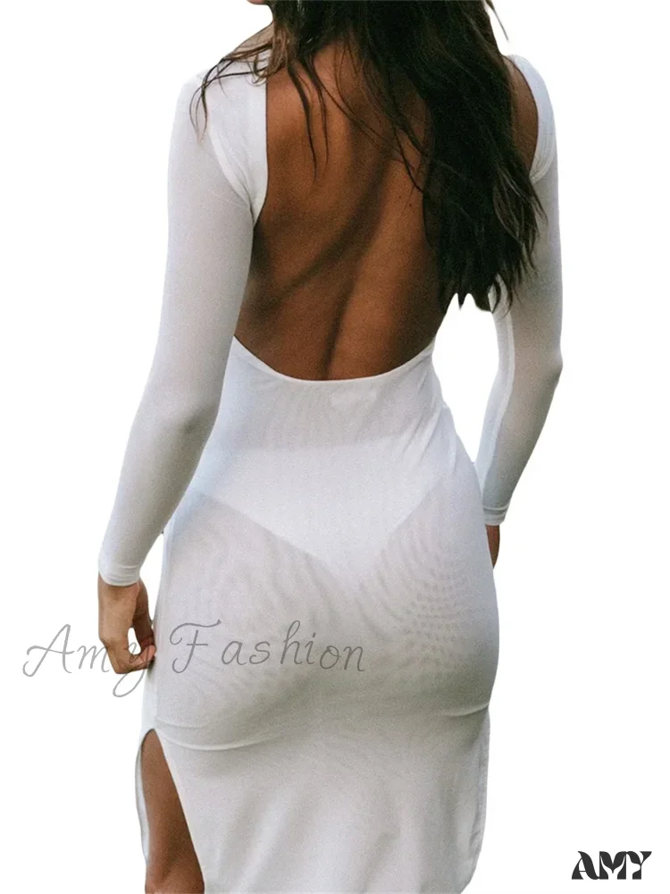 Amy Fashion - Sexy Women   Sleeve Crew Neck Backless Solid Color Slim Fit Side Split Beach Party Female Vestido - Image 2