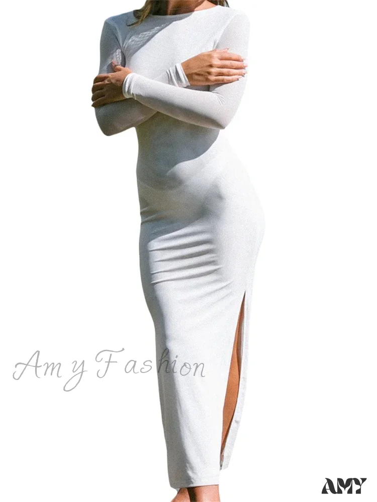 Amy Fashion - Sexy Women   Sleeve Crew Neck Backless Solid Color Slim Fit Side Split Beach Party Female Vestido - Image 3
