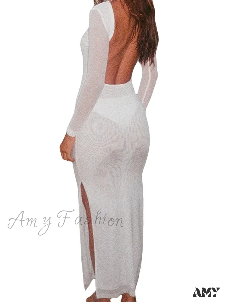 Amy Fashion - Sexy Women   Sleeve Crew Neck Backless Solid Color Slim Fit Side Split Beach Party Female Vestido - Image 5