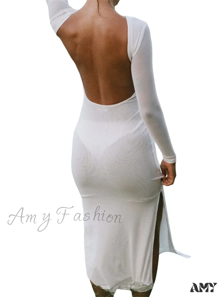 Amy Fashion - Sexy Women   Sleeve Crew Neck Backless Solid Color Slim Fit Side Split Beach Party Female Vestido - Image 6