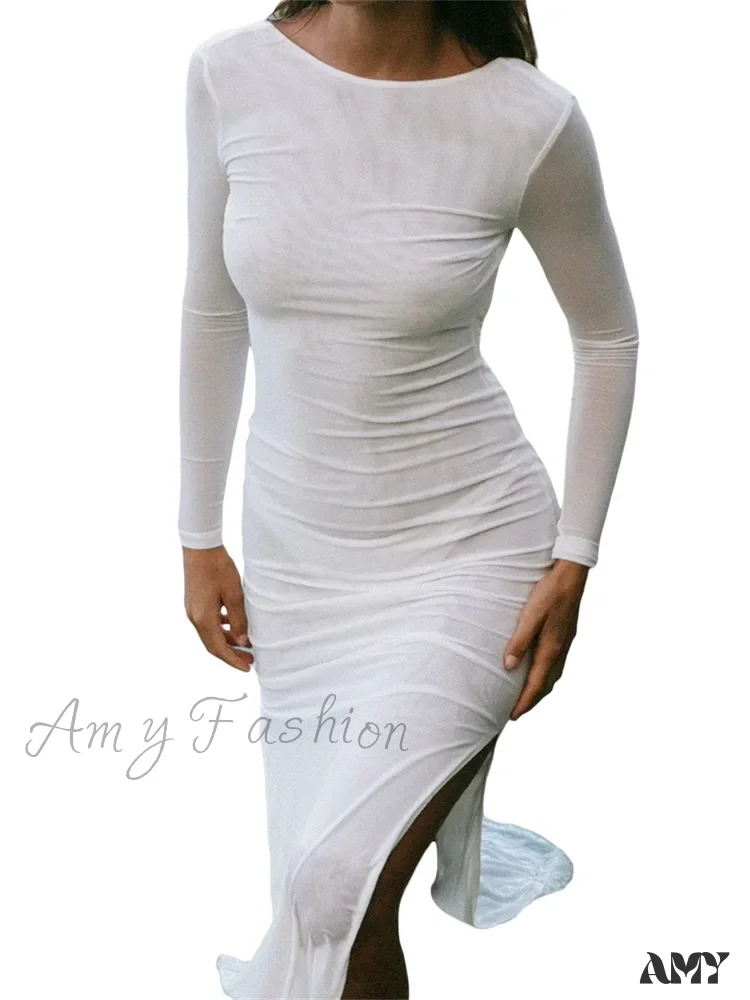 Amy Fashion - Sexy Women   Sleeve Crew Neck Backless Solid Color Slim Fit Side Split Beach Party Female Vestido - Image 7