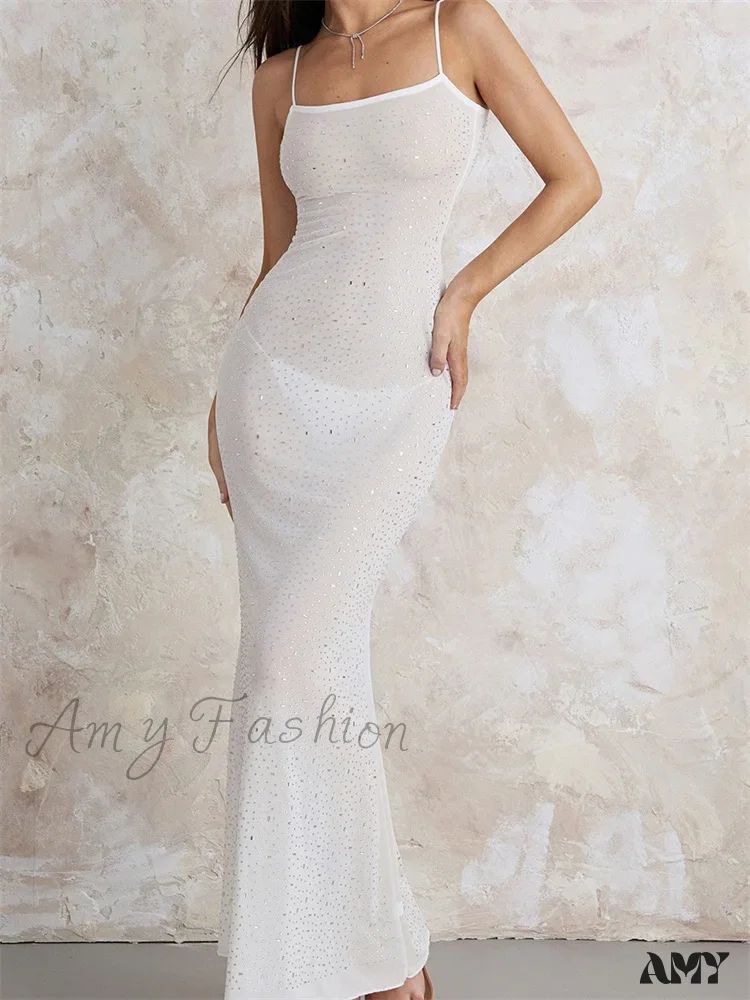 Amy Fashion - Sexy Women Sleeveless Strap Slim  Sparkle Rhinestone Low Cut Trumpet Summer Party Female Vestido - Image 3