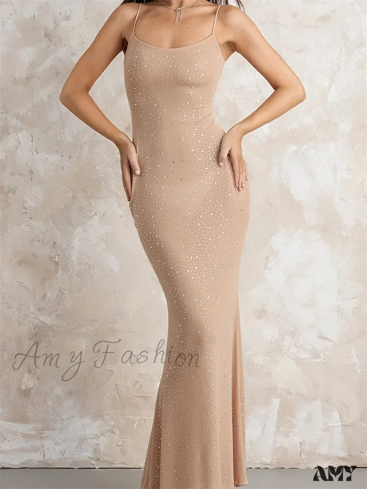 Amy Fashion - Sexy Women Sleeveless Strap Slim  Sparkle Rhinestone Low Cut Trumpet Summer Party Female Vestido - Image 4