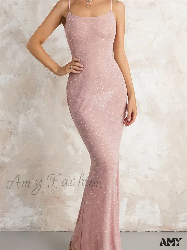 Amy Fashion - Sexy Women Sleeveless Strap Slim  Sparkle Rhinestone Low Cut Trumpet Summer Party Female Vestido - Image 5