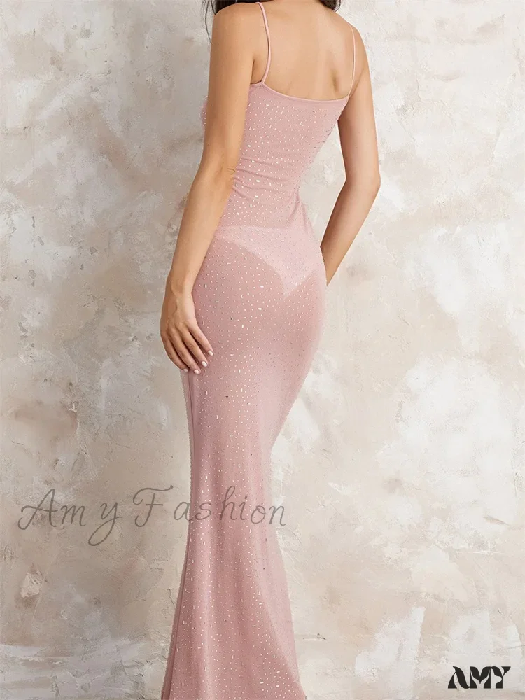 Amy Fashion - Sexy Women Sleeveless Strap Slim  Sparkle Rhinestone Low Cut Trumpet Summer Party Female Vestido - Image 7