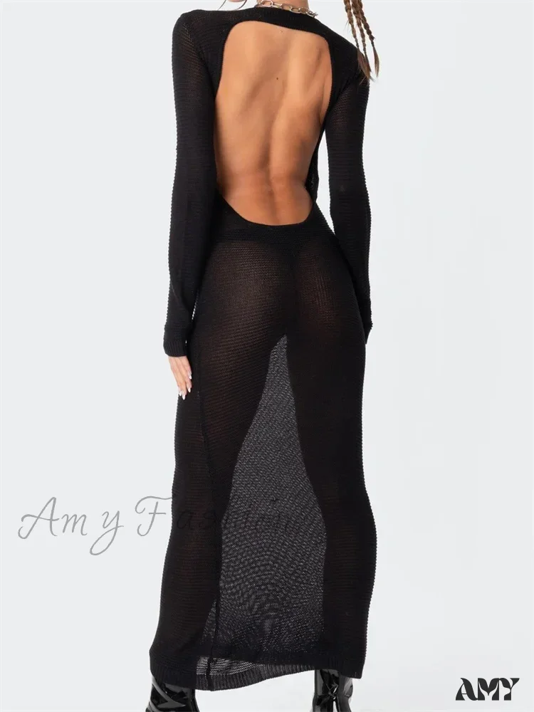 Amy Fashion - Sexy Women Summer Autumn Party  Solid Round Neck  Sleeve Backless Knitted Female Vestido Clubwear - Image 3