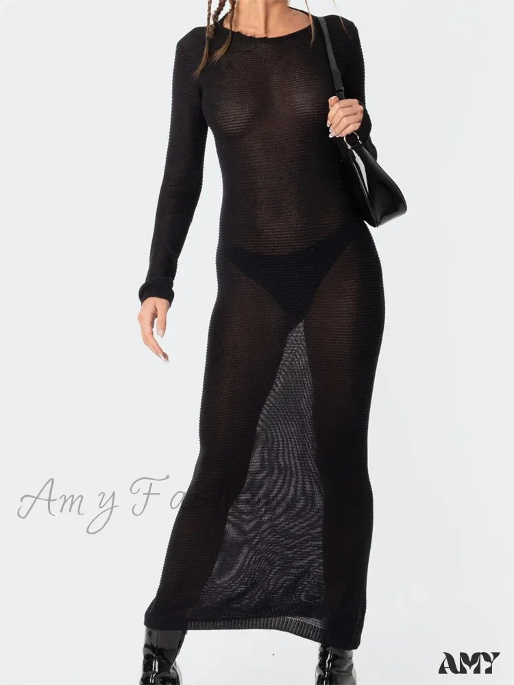 Amy Fashion - Sexy Women Summer Autumn Party  Solid Round Neck  Sleeve Backless Knitted Female Vestido Clubwear - Image 4