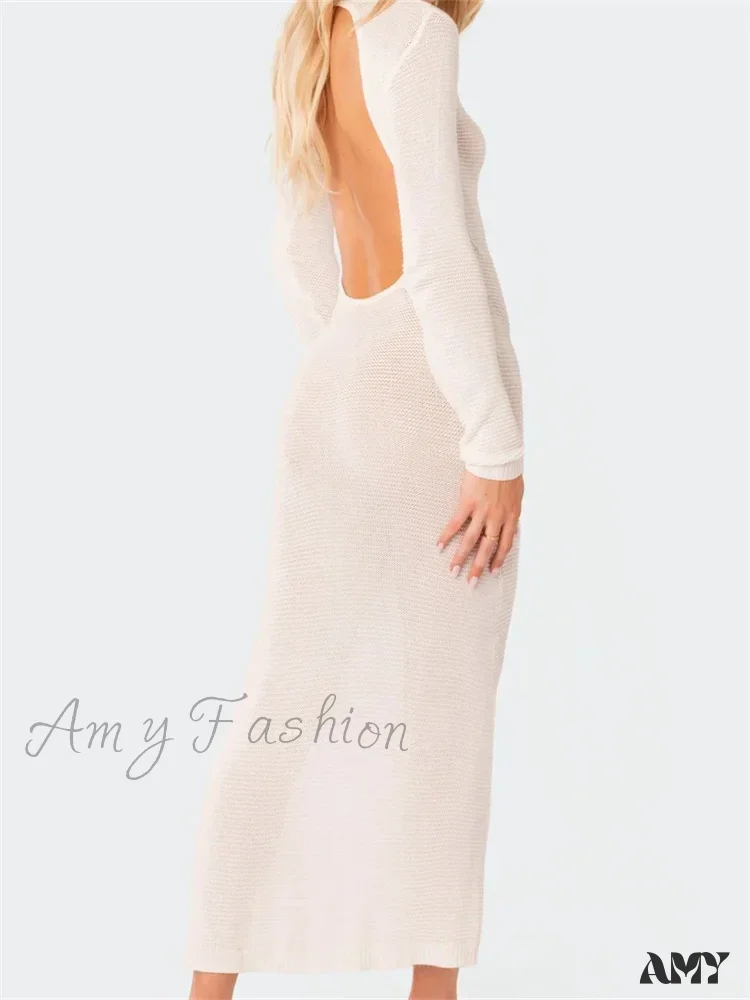 Amy Fashion - Sexy Women Summer Autumn Party  Solid Round Neck  Sleeve Backless Knitted Female Vestido Clubwear - Image 5