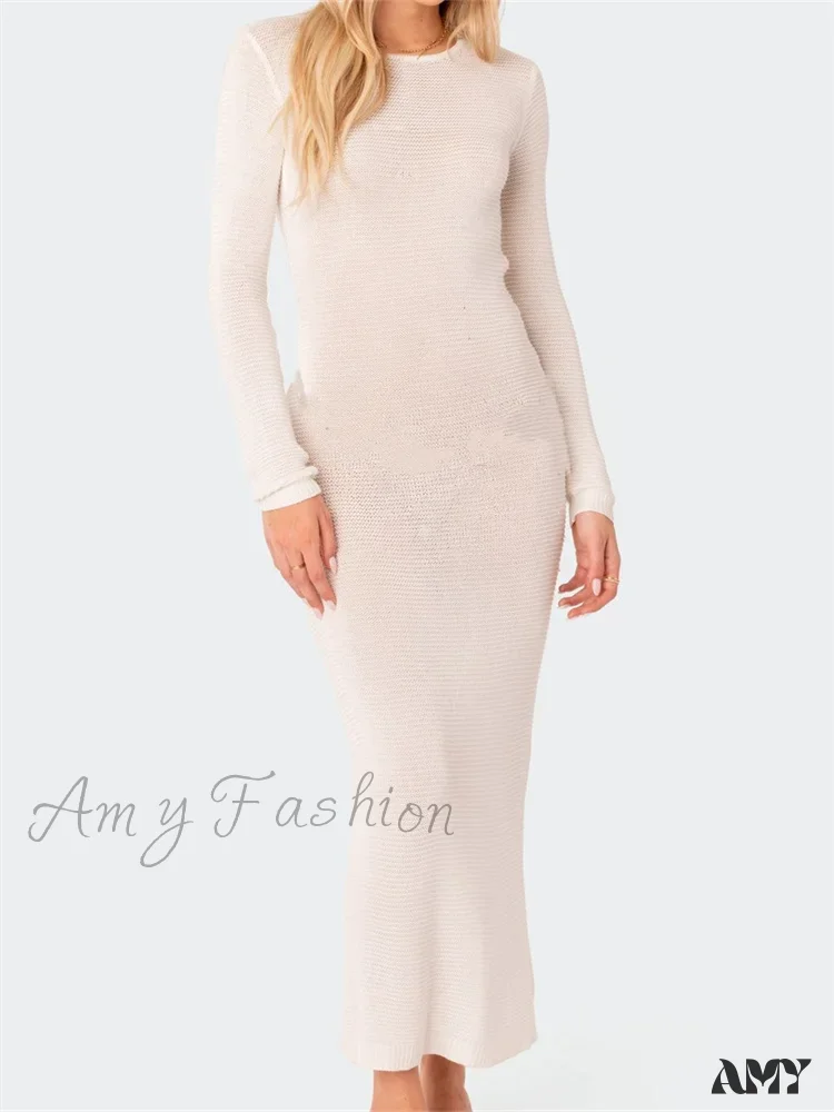 Amy Fashion - Sexy Women Summer Autumn Party  Solid Round Neck  Sleeve Backless Knitted Female Vestido Clubwear - Image 7
