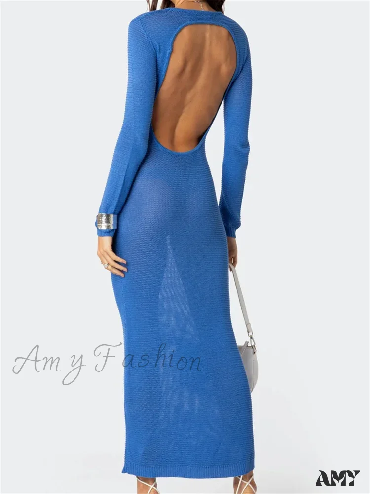 Amy Fashion - Sexy Women Summer Autumn Party  Solid Round Neck  Sleeve Backless Knitted Female Vestido Clubwear - Image 9