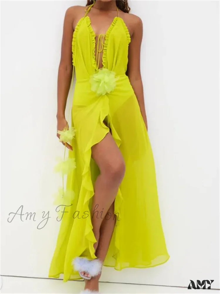Amy Fashion - Sexy Women Summer Beach  Sleeveless Halter Tie-up Backless See-through Flower Split Ruffles Vestidos - Image 2