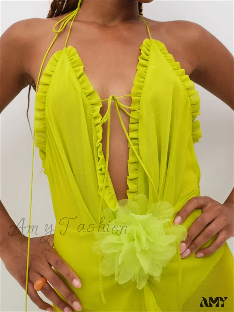 Amy Fashion - Sexy Women Summer Beach  Sleeveless Halter Tie-up Backless See-through Flower Split Ruffles Vestidos - Image 3