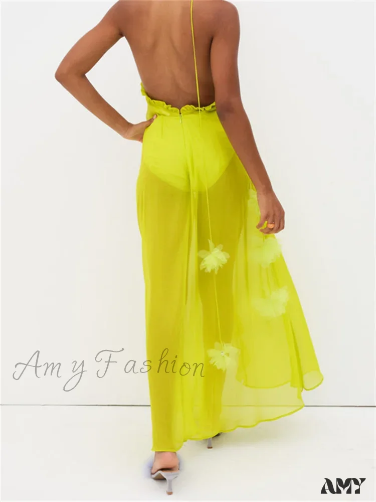 Amy Fashion - Sexy Women Summer Beach  Sleeveless Halter Tie-up Backless See-through Flower Split Ruffles Vestidos - Image 4