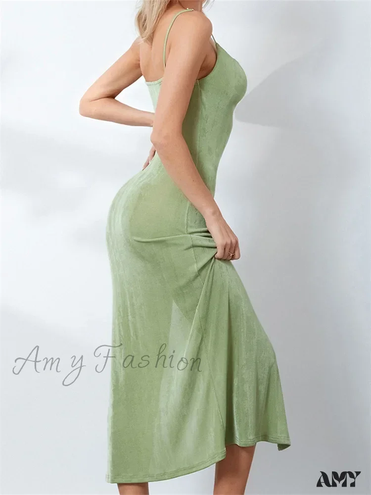 Amy Fashion - Sexy Women Summer High Split  Solid Spaghetti Strap Square Neck Backless Slim  Female Vestidos - Image 2