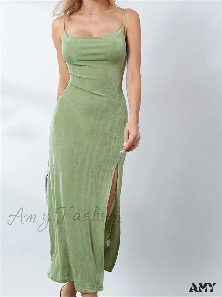 Amy Fashion - Sexy Women Summer High Split  Solid Spaghetti Strap Square Neck Backless Slim  Female Vestidos - Image 3
