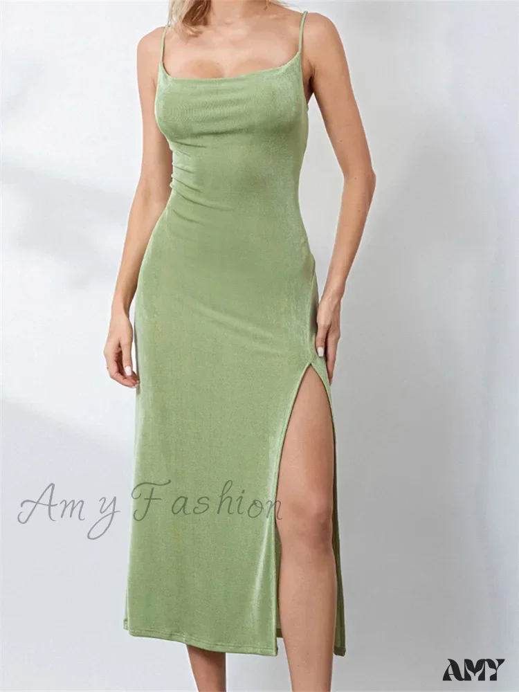 Amy Fashion - Sexy Women Summer High Split  Solid Spaghetti Strap Square Neck Backless Slim  Female Vestidos - Image 4