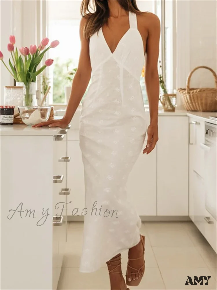 Amy Fashion - Sexy Women Summer Sleeveless V Neck Halter Off Shoulder Lace Embroidery Backless Female Vestido