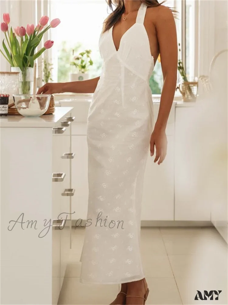 Amy Fashion - Sexy Women Summer Sleeveless V Neck Halter Off Shoulder Lace Embroidery Backless Female Vestido - Image 2