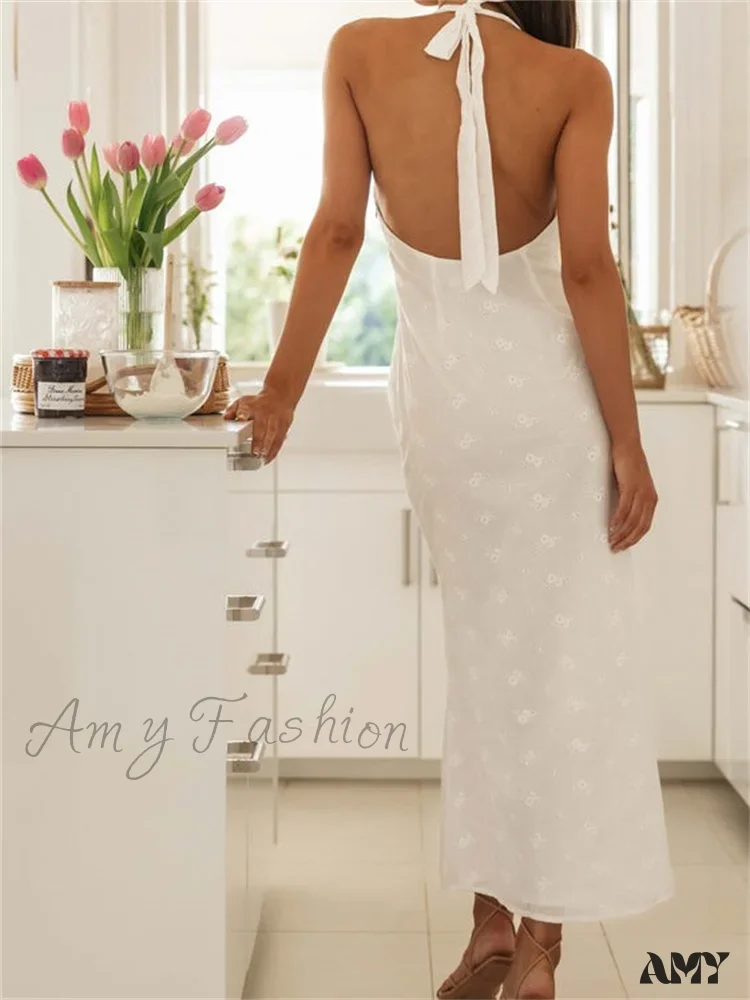 Amy Fashion - Sexy Women Summer Sleeveless V Neck Halter Off Shoulder Lace Embroidery Backless Female Vestido - Image 3