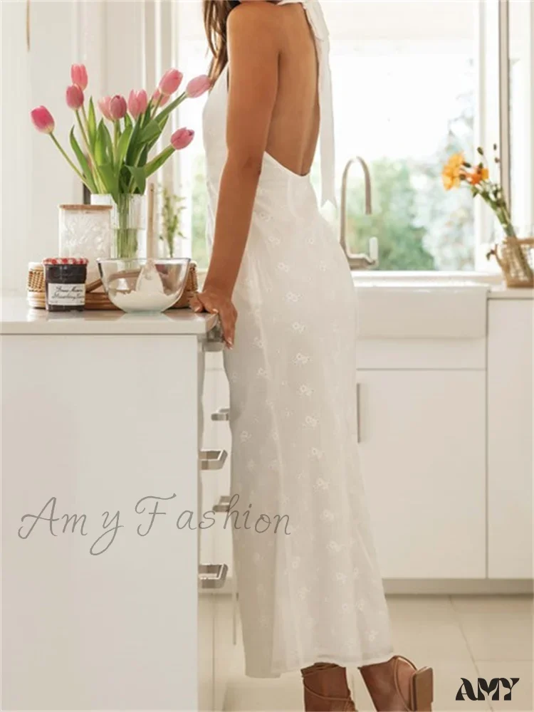 Amy Fashion - Sexy Women Summer Sleeveless V Neck Halter Off Shoulder Lace Embroidery Backless Female Vestido - Image 4