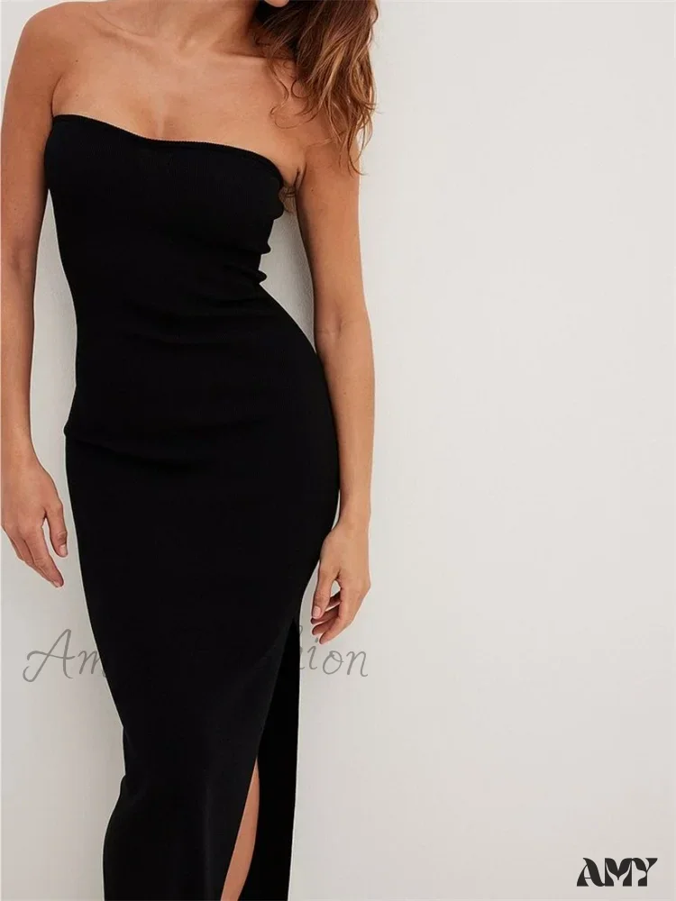 Amy Fashion - Sexy Women  Tube Solid Strapless Off Shoulder Backless Summer Side Split Party Knitted Vestidos - Image 2
