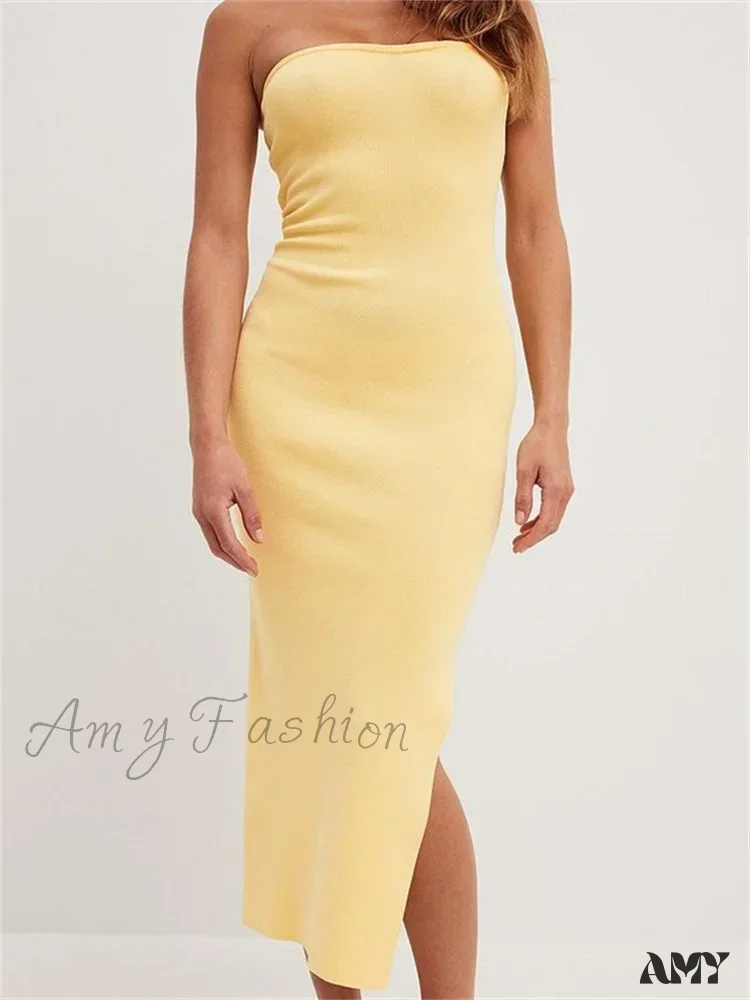 Amy Fashion - Sexy Women  Tube Solid Strapless Off Shoulder Backless Summer Side Split Party Knitted Vestidos - Image 4
