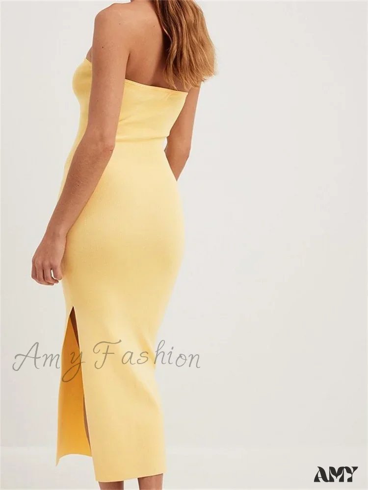 Amy Fashion - Sexy Women  Tube Solid Strapless Off Shoulder Backless Summer Side Split Party Knitted Vestidos - Image 6